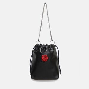SAMO ONDOH Black Bucket Crossbody Bag Embroidered Red Rose Patch Silver Chain